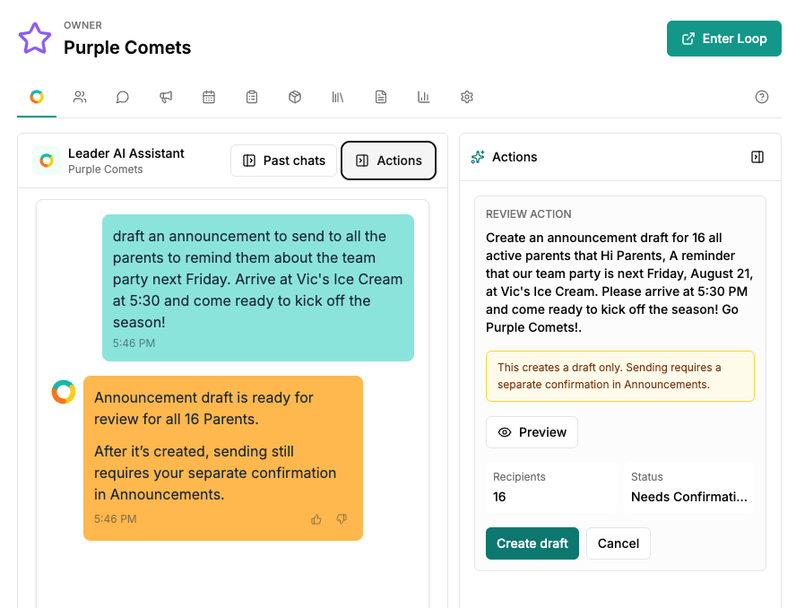 A soccer leader asks Looplet to draft a team announcement and reviews the proposed action