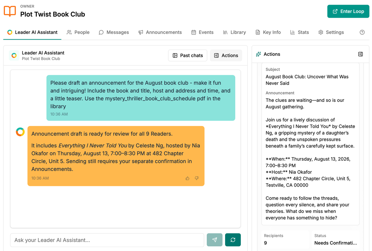 A book club leader asks Looplet to draft an announcement and reviews the result before saving it