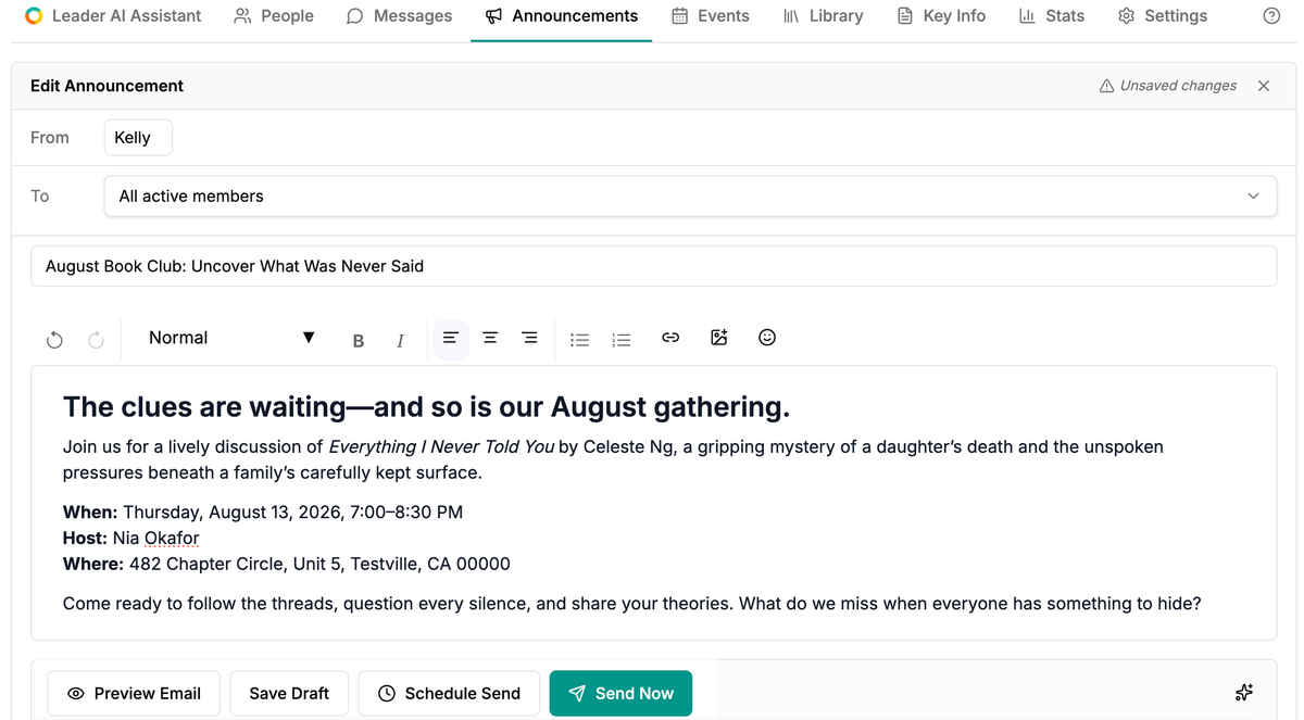 A book club leader edits an announcement and reviews its delivery settings