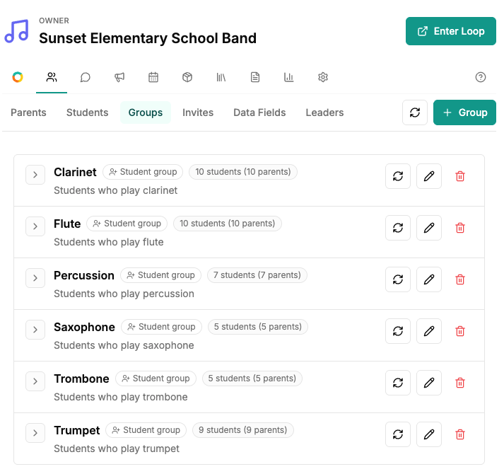 A school band leader organizes members into instrument and parent groups