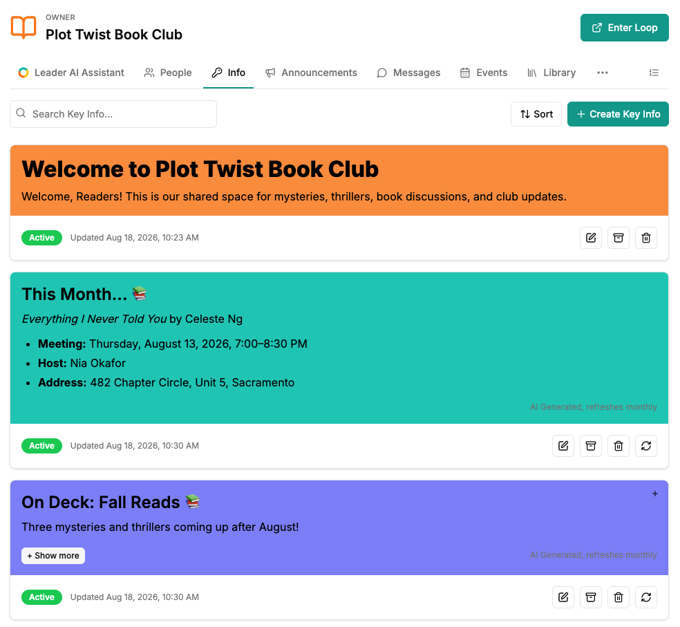 A book club leader reviews current reading and meeting details in Key Info