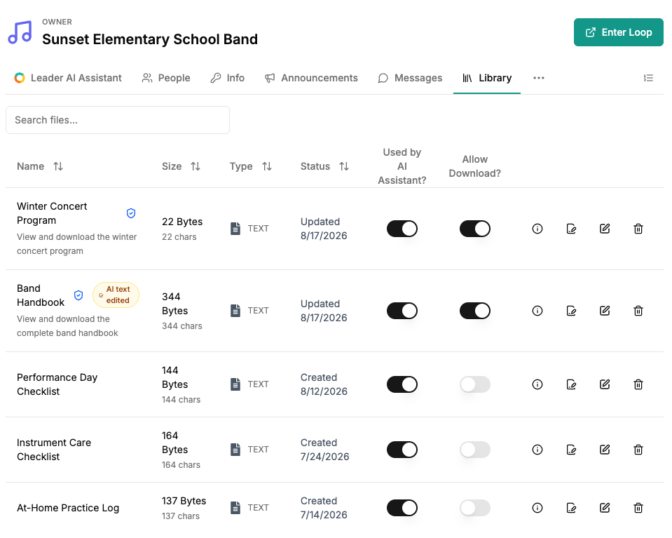 A school band leader organizes schedules, handbooks, and other files in the Loop Library