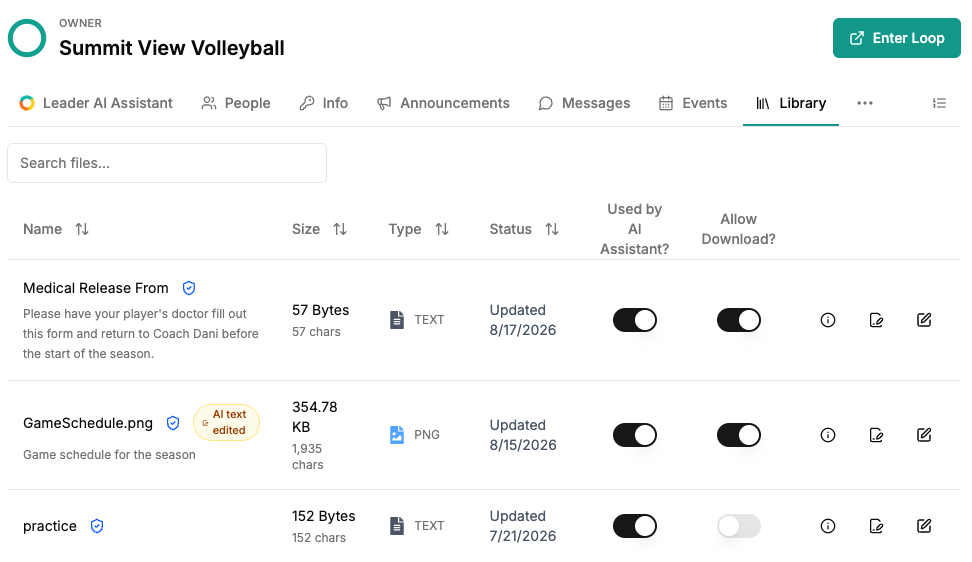 A volleyball leader views team schedules and reference files in the Loop Library