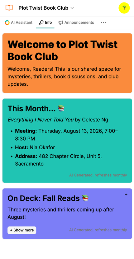 A book club member sees the current selection and upcoming meeting details in Key Info