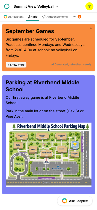 A volleyball member sees game details and a parking map in Key Info